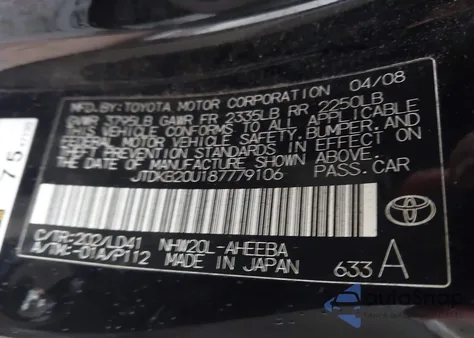 2008 Toyota Prius z USA, uszkodzony, nr VIN JTDKB20U187779106